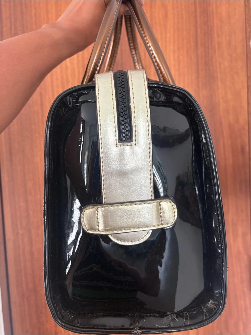 Large Black Charol Satchel with Tan Handles